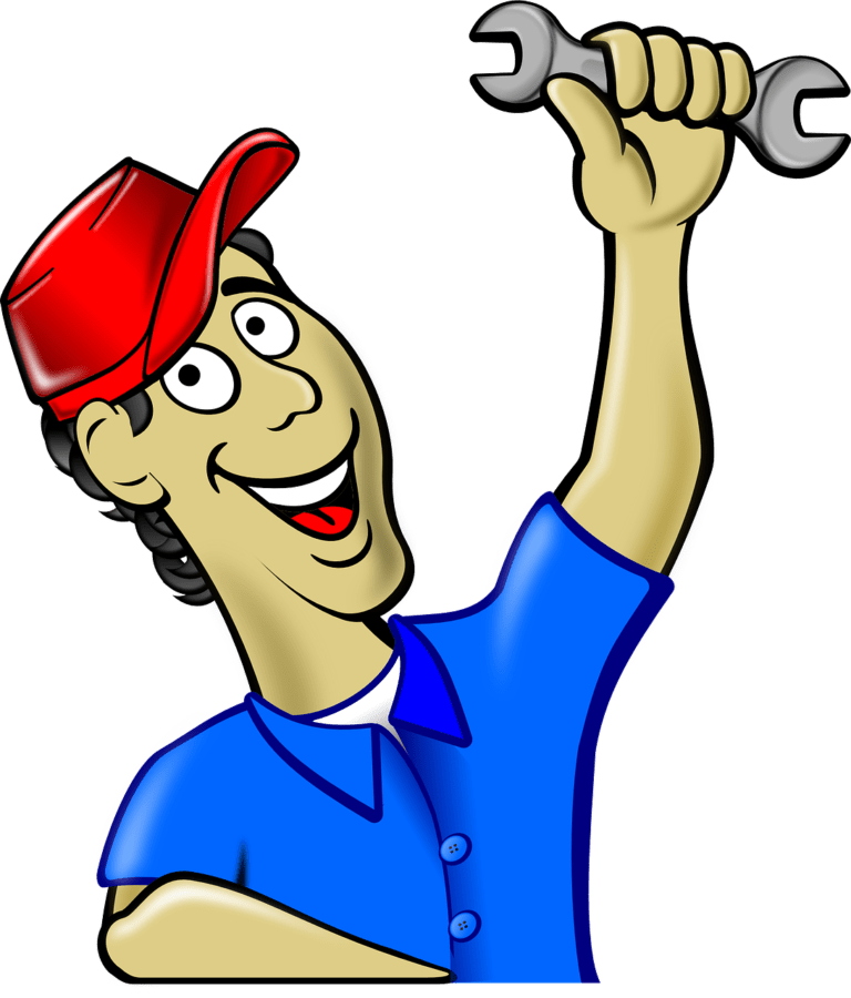 Cartoon mechanic holding wrench with red cap