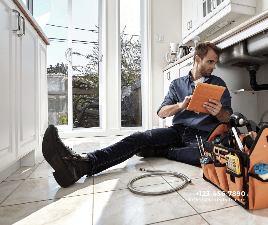 Man reading tablet during kitchen sink repair work.