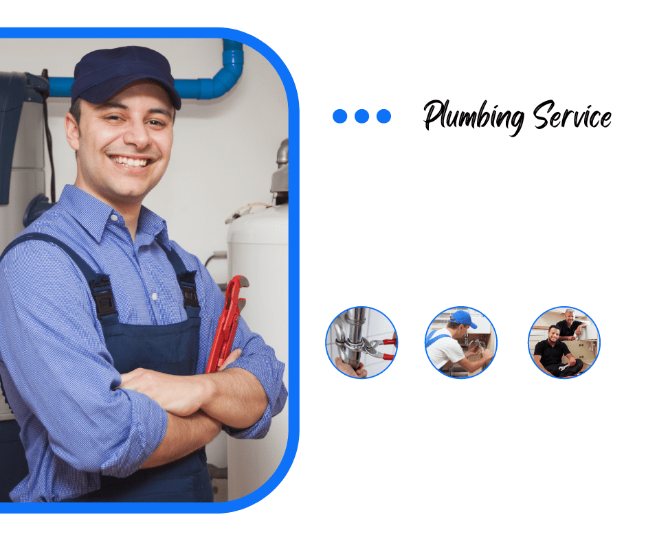 Smiling plumber with tools offering professional plumbing services.