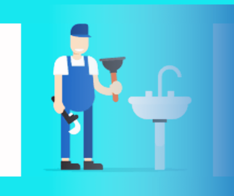 Plumber with tools near sink illustration.