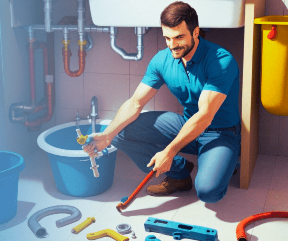 Plumber fixing sink with tools and pipes.