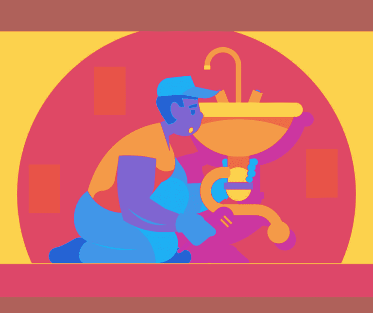 Plumber fixing sink in colorful illustration.