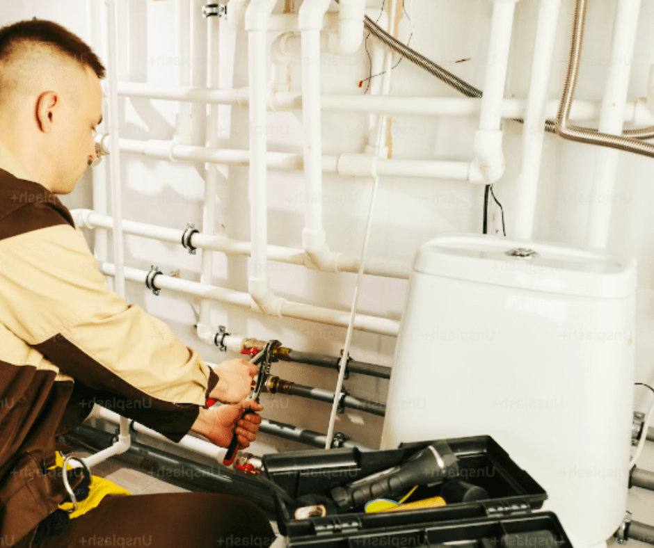 Plumber working on pipes near water heater.